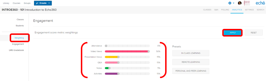 Echo360 screenshot - Analytics Weighting