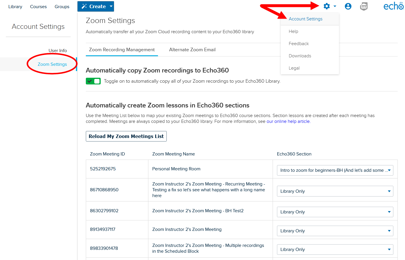 Echo360 Setting Page for Zoom Mapping screenshot