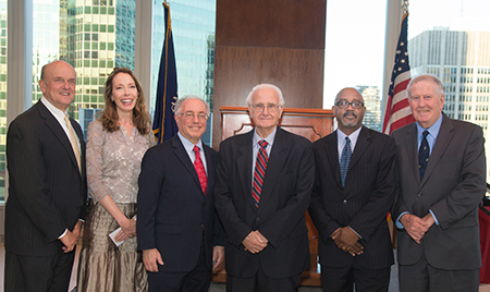 Fordham Law Dean Michael M. Martin (far left) and former dean and founder of the Feerick Center John D. Feerick '61 (far right) with the evening's honorees.
