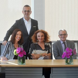 Diane von Furstenberg (center) and CFDA’s Steven Kolb (standing) joined Fordham University Provost Stephen Freedman and Fashion Law  Institute Director Susan Scafidi to launch the M.S.L. in fashion law. Photo by Henry S. Dziekan III.