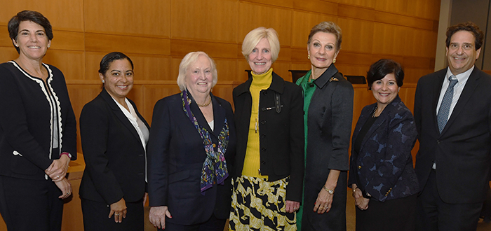 Hon. Cathy Seibel ’85, Hon. Joanne Quiñones ’97, Hon. Jacqueline W. Silbermann ’72, Hon. Claire Eagan ’76, Hon. Loretta A. Preska ’73, Hon. Maria Araujo Kahn ’89, and Dean Matthew Diller