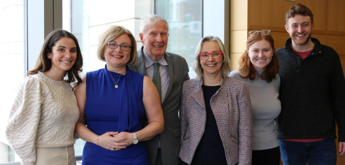 Helena Nolan (second from the left) and Imelda Maher (third from the right) with Dean Emeritus John D. Feerick ’61 (back center) and members of the the Irish Law Students Association.