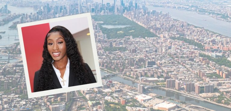 Photo of Fordham Law Student Adetoun Adelana with New York City in the background