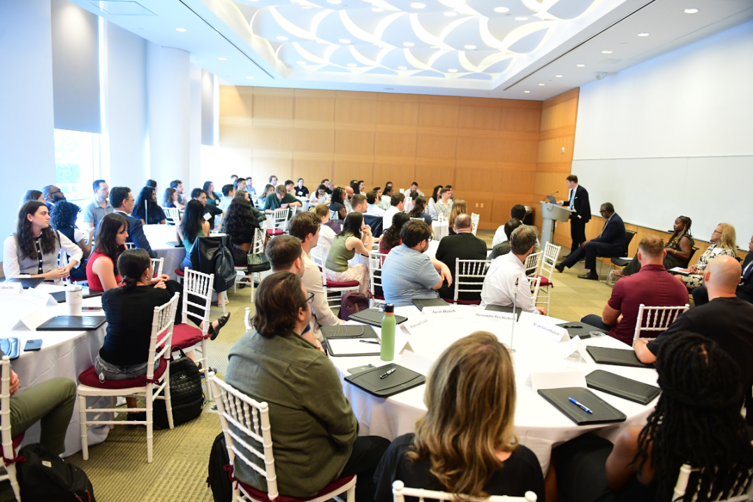 Incoming evening students hear remarks from Dean Joseph Landau at orientation.